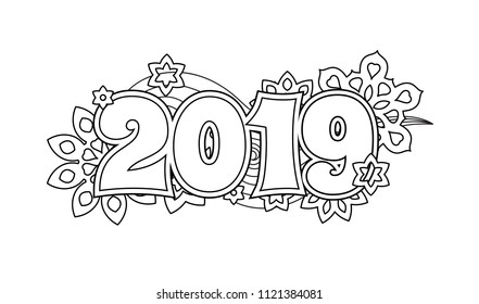 New year congratulation card with numbers 2019 on winter holiday background. Christmas mandala.  Zen monochrome graphic. Editable vector illustration