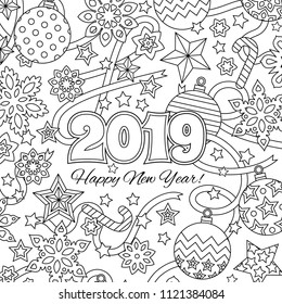 New year congratulation card with numbers 2019 and festive objects. Zentangle inspired style. Zen colorful graphic. Image for calendar, coloring book. Editable vector illustration