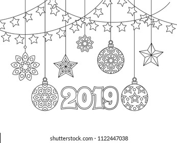 New year congratulation card with numbers 2019, christmas balls, stars, garlands. Antistress coloring book for adults. Zentangle inspired style. Zen monochrome graphic. Editable vector illustration