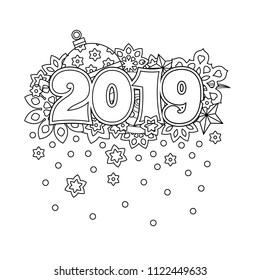 New year congratulation card with numbers 2019 on winter holiday background. Christmas mandala. Antistress coloring book for adults. Zen monochrome graphic. Editable vector illustration