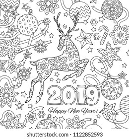 New year congratulation card with numbers 2019, deer and festive objects. Zentangle inspired style. Zen colorful graphic. Image for calendar, coloring book. Editable vector illustration