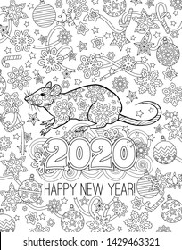 New year congratulation card with numbers 2020, rat and festive objects. Zentangle inspired style. Zen colorful graphic. Image for calendar, coloring book. Editable vector illustration