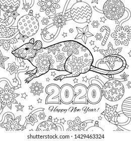 New year congratulation card with numbers 2020, rat and festive objects. Zentangle inspired style. Zen colorful graphic. Image for calendar, coloring book. Editable vector illustration