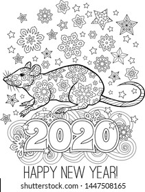 New year congratulation card with numbers 2020, rat and festive objects. Zentangle inspired style. Zen colorful graphic. Image for calendar, coloring book. Editable vector illustration