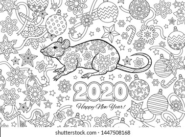 New year congratulation card with numbers 2020, rat and festive objects. Zentangle inspired style. Zen colorful graphic. Image for calendar, coloring book. Editable vector illustration