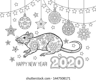 New year congratulation card with numbers 2020, rat and festive objects. Zentangle inspired style. Zen colorful graphic. Image for calendar, coloring book. Editable vector illustration