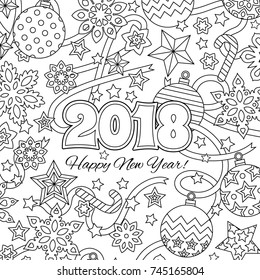 New year congratulation card with numbers 2018, deer and festive objects. Zentangle inspired style. Zen colorful graphic. Image for calendar,  coloring book. Editable vector illustration