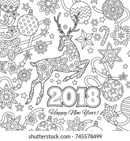 New year congratulation card with numbers 2018, deer and festive objects. Zentangle inspired style. Zen colorful graphic. Image for calendar,  coloring book. Editable vector illustration