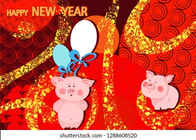 New Year Congratulations . Piglets with balloons. Chinese style background. Happy Chinese New Year 2019 year. Chinese characters mean Happy New Year, 