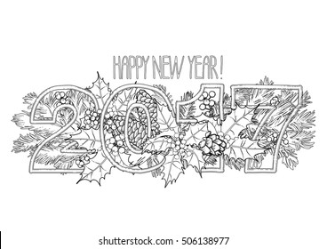 New Year coniferous design with glowing garland. Vector holiday card. Coloring book page design for adults and kids.