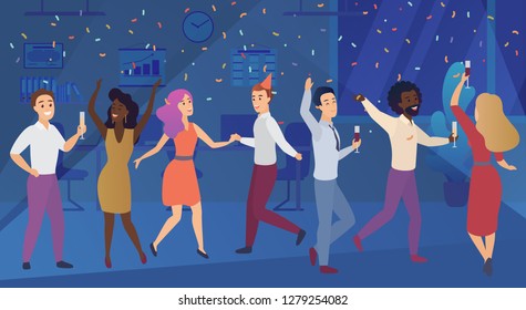 New year corporate party or birthday celebrating in office. Business team happy people celebrate vector illustration.