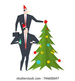 New Year corporate party. Businessman decorates Christmas tree. Christmas at office. Manager in hat of Santa Claus. Vector illustration
