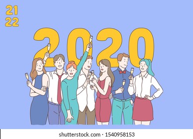 New Year corporate party concept. Happy colleagues, friends celebrating winter holiday, positive business team with champagne, merry Christmas, traditional december event. Simple flat vector