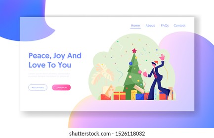 New Year Corporate Party Website Landing Page. Happy Businessman Manager in Santa Hat Celebrate Christmas Holiday in Office with Champagne and Fir Tree Web Page Banner Cartoon Flat Vector Illustration