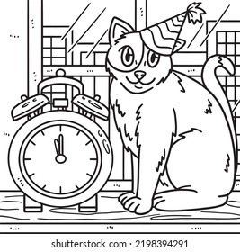 New Year Countdown Cat And Clock Coloring Page 