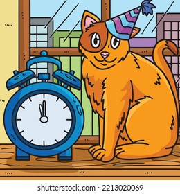 New Year Countdown Cat And Clock Colored Cartoon