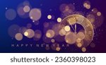 New Year countdown clock on glittering midnight sky with blur and bokeh. Purple and dark blue abstract holiday background. New years eve concept. December midnight. Vector illustration