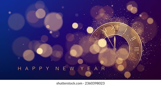 New Year countdown clock on glittering midnight sky with blur and bokeh. Purple and dark blue abstract holiday background. New years eve concept. December midnight. Vector illustration