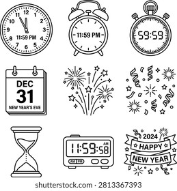 New Year countdown clock showing midnight celebration. Vector illustration of time transition with hourglass and calendar flip.