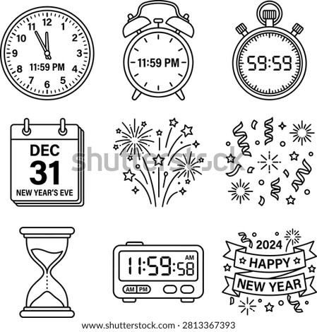 New Year countdown clock showing midnight celebration. Vector illustration of time transition with hourglass and calendar flip.