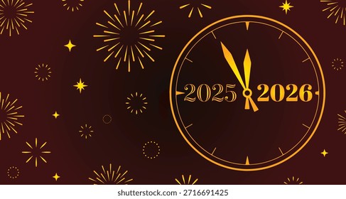 New Year countdown vector with golden clock face and fireworks festive pattern