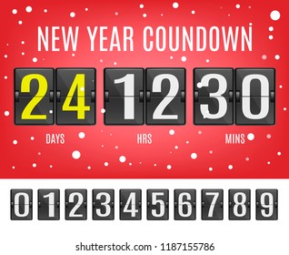 New Year countdown vector illustration set with flip mechanical timetable with digits counting to beginning of holiday on red background with snowflakes in realistic style.