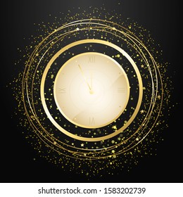 New Year countdown watch. Holiday antique clock with golden confetti, Greeting card. Gold christmas poster, xmas night celebrate time countdown vector illustration.