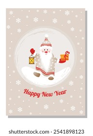 New Year cover of wish list to Santa Claus. Cute gnome with gift. Card new year decoration template. 