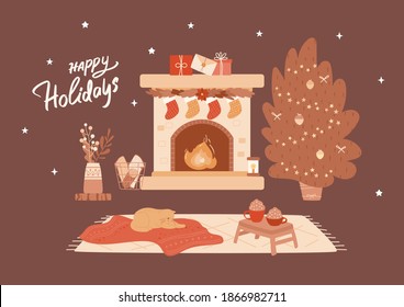 New Year cozy home interior with fireplace, socks, gifts, Christmas tree, cute cat lying on blanket and two cups of hot sweet drink standing on little table. Happy Holidays handwritten lettering.