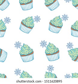 
New Year Cupcake. Seamless pattern. On a white background is a cupcake decorated with a blue snowflake. Color image. Vector illustration.