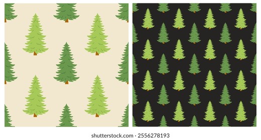 New Year. Cute and beautiful Christmas trees, hand drawn seamless pattern. Great for textiles, banners, wallpapers, cards - vector surface design on white and black background.