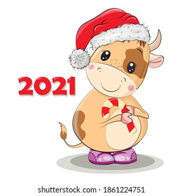 New Year Cute Cow and 2021 text.
