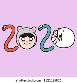 New Year Cute Girl In Rat And Boy In Seal Costume Hat Symbol 2020. New Year 2020 Greeting Concept Card Character illustration