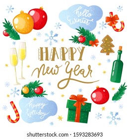 New Year cute holiday decoration elements and handwritten calligraphy. Vector illustration. Hand drawn style