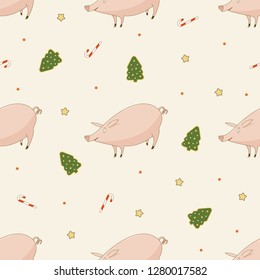 New Year cute pigs with candy, stars and Christmas tree seamless vector pattern on light background