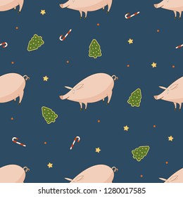 New Year cute pigs with candy, stars and Christmas tree seamless vector pattern on dark blue background