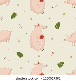 New Year cute pigs with candy, stars and Christmas tree seamless vector pattern on light background