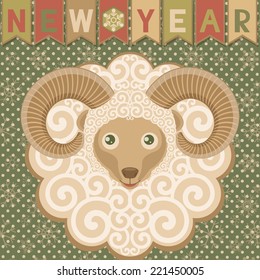 New year with cute ram. Retro style. Green sheep symbol of New year 2015. Greeting card with dotted background. Vector illustration. 