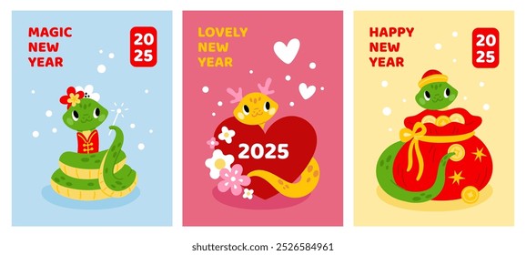 New Year cute snakes. Holiday greeting cards. 2025 symbols. Chinese horoscope characters. Funny serpents. Zodiac animal mascots. Reptile with gold money bag. Love heart