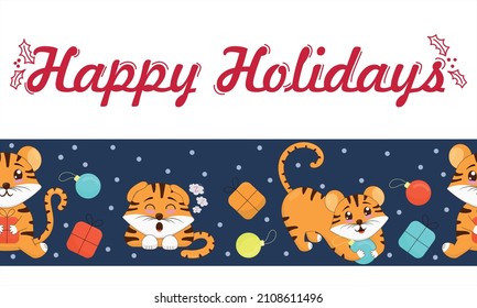 new year cute tiger cubs playing with christmas balls and opening gifts, vector seamless pattern in flat style on blue background, horizontal border, happy holidays