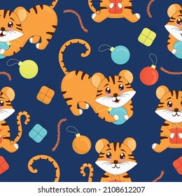 new year cute tiger cubs playing with christmas balls and opening gifts, vector seamless pattern in flat style on blue background