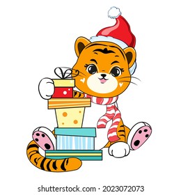 New year cute tiger wearing santa claus hat isolated. Vector illustration. The symbol of the Chinese year. Holiday, Christmas card