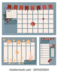 New Year daily, weekly, monthly planner template. Organizer. Paper sheet. Isolated vector colorful element. 