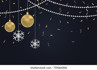 New Year dark background with gold Christmas balls and silver snowflakes, golden confetti and argent beads. Winter holiday card, banner, decoration poster with space for text. Vector illustration.