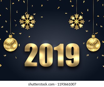 New Year Dark Background with Golden Balls, Snowflakes. Greeting Banner - Illustration Vector