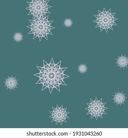 New Year Dark Cold Sharp Stars Sky Wallpaper. Turquoise Winter White Christmas Mandala Illustration. Green Emerald Snowflakes Light Pink Print Ornament. Luxury Pastel Chaotic Night Wallpaper.