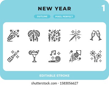 New Year Dashed Outline Icons Pack for UI. Editable Stroke. Pixel perfect thin line vector icon set for web design and website application.
