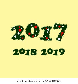 New Year date 2017-2019 dark green with bright colored white and red balls