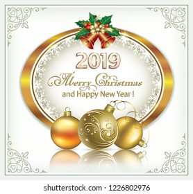 New Year with the date 2019 in the golden oval with snowflakes and Christmas decoration. Vector illustration. 
