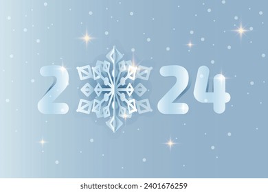 New year date 2024 decorated with origami snowflake cut out of paper as decoration on blue frosty ice background. Cold New Year illustration with falling snow and sparkling stars. Vector